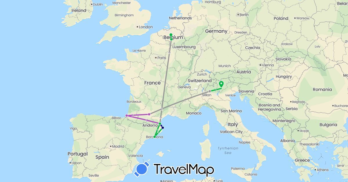 TravelMap itinerary: driving, bus, plane, train in Belgium, Spain, France, Italy (Europe)